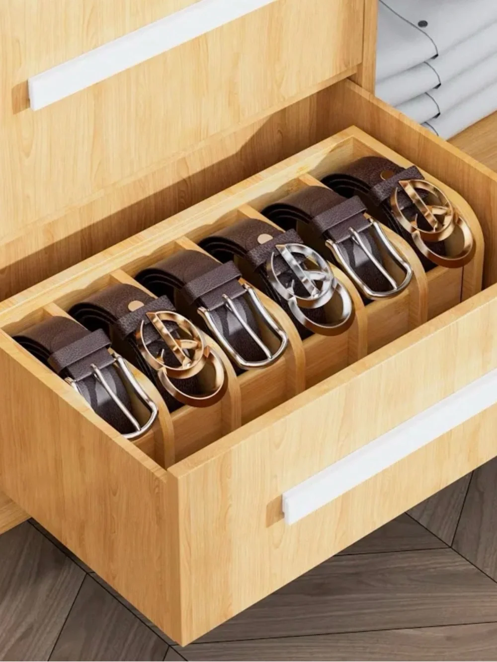 Bamboo Wood Belt Organizer Display - Natural Finish Closet Drawers or Tabletop